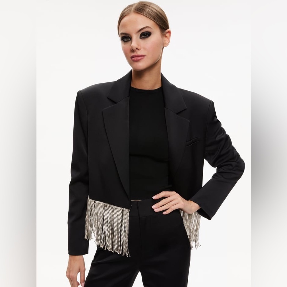 NWT $795 Alice+Olivia Shan Crystal Fringe Cropped Blazer in Black